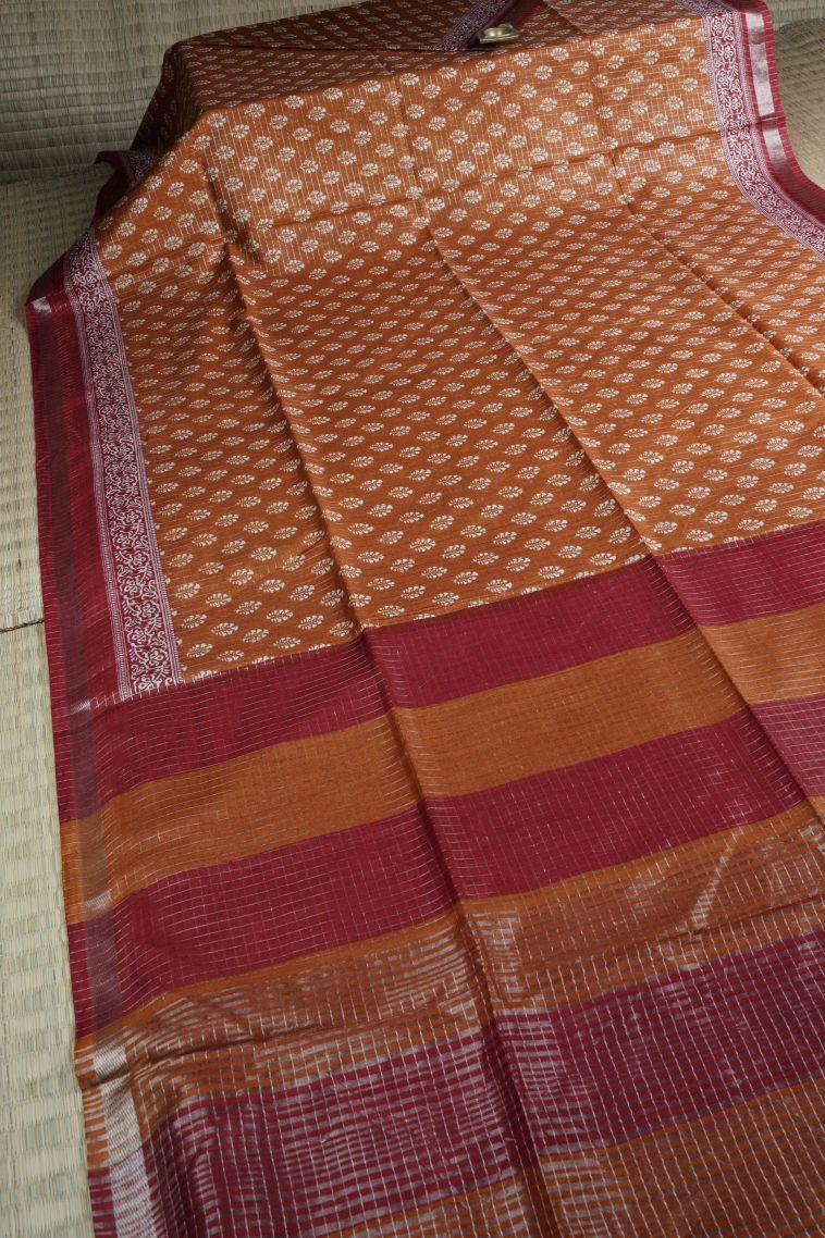 Bronze Orange Chanderi Cotton Sarees with Without Zari Zari Floral Patterns view 2