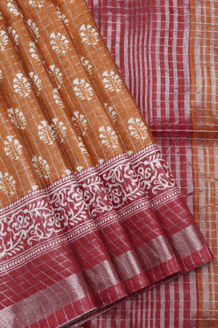 Bronze Orange Chanderi Cotton Sarees with Without Zari Zari Floral Patterns view 1