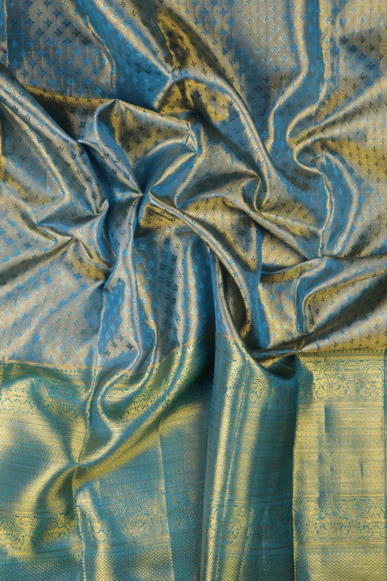 Peach Pink Kanchipuram Silk Sarees with Gold Zari Floral Patterns view 3