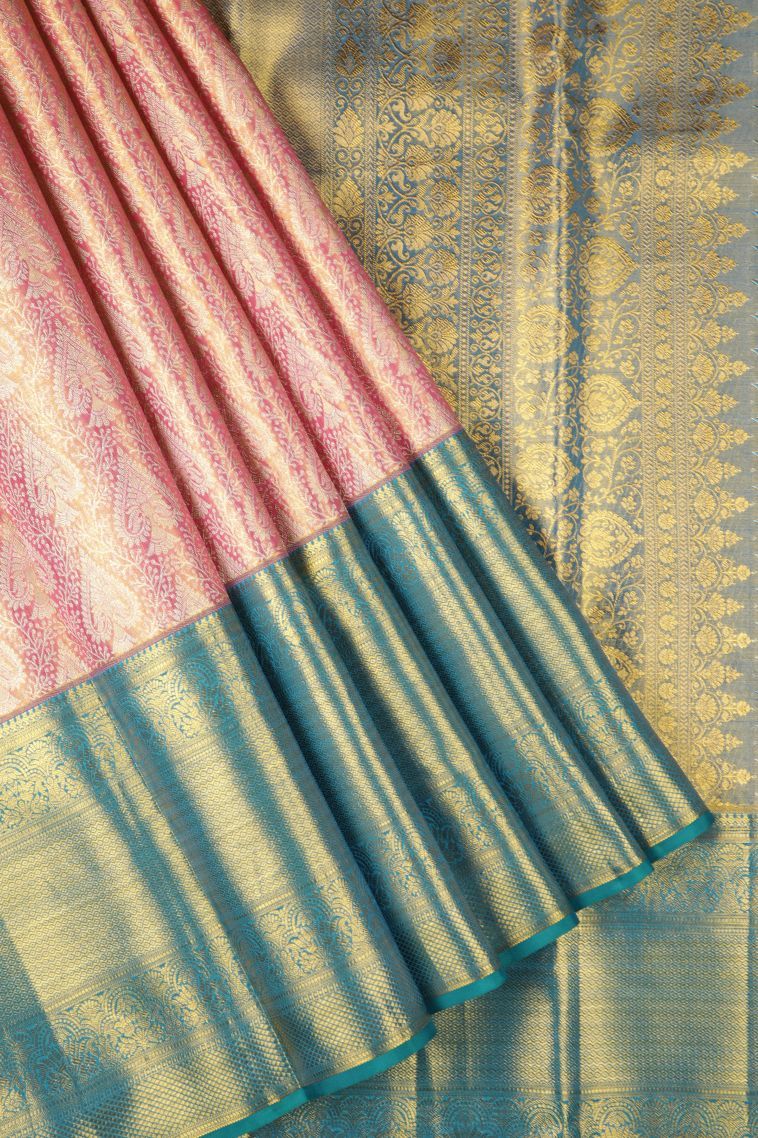 Peach Pink Kanchipuram Silk Sarees with Gold Zari Floral Patterns view 1