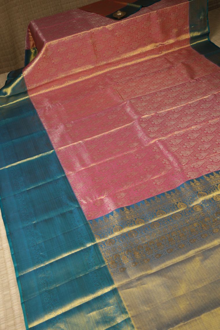 Peach Pink Kanchipuram Silk Sarees with Gold Zari Floral Patterns view 2