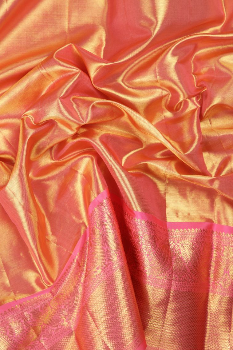 Peach Pink Kanchipuram Silk Sarees with Gold Zari Floral Patterns view 3