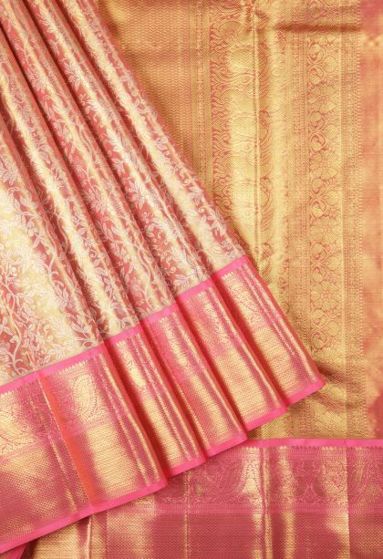 Peach Pink Kanchipuram Silk Sarees with Gold Zari Floral Patterns