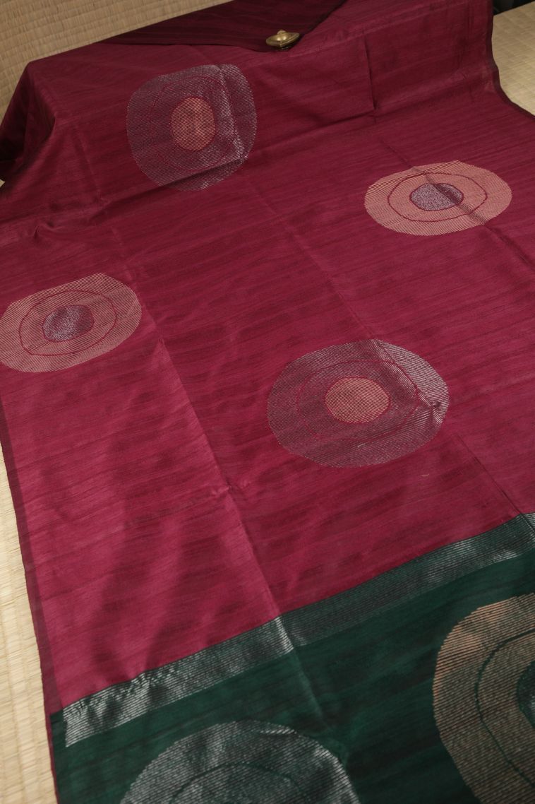 Magenta Purple Tussar Saree with Gold Zari Buttis (small Dots Or Motifs) view 2