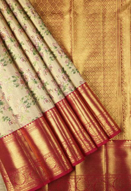 Gold Kanchipuram Silk Sarees with Gold Zari Floral Patterns