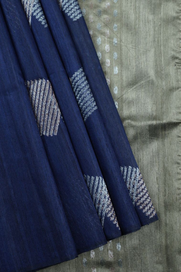 Navy Blue Tussar Saree with Gold Zari Buttis (small Dots Or Motifs) view 1