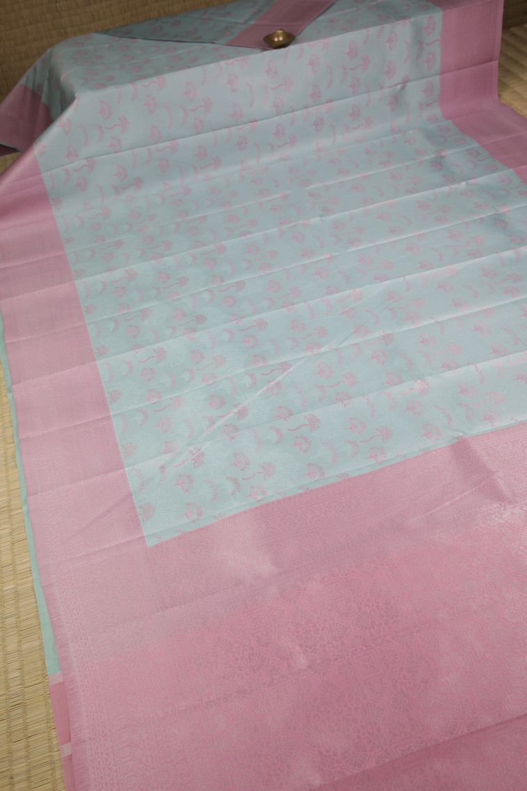 Arctic Blue Visiri Madippu Silk Sarees with Silver Zari Floral Patterns view 2