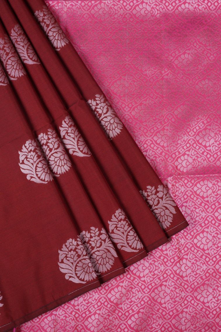 Berry Red Soft Silk Saree with Silver Zari Buttis (small Dots Or Motifs) view 1