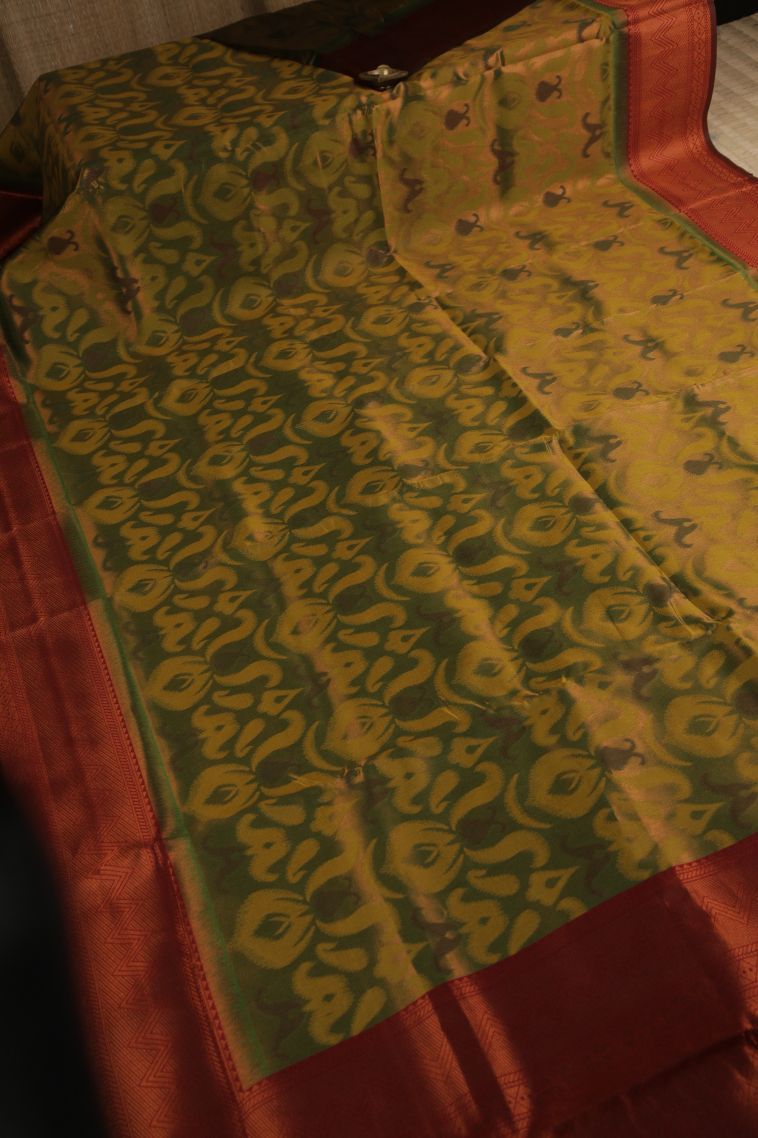Olive Green Apoorva Silk Sarees with Copper Zari Geometric Shapes view 2