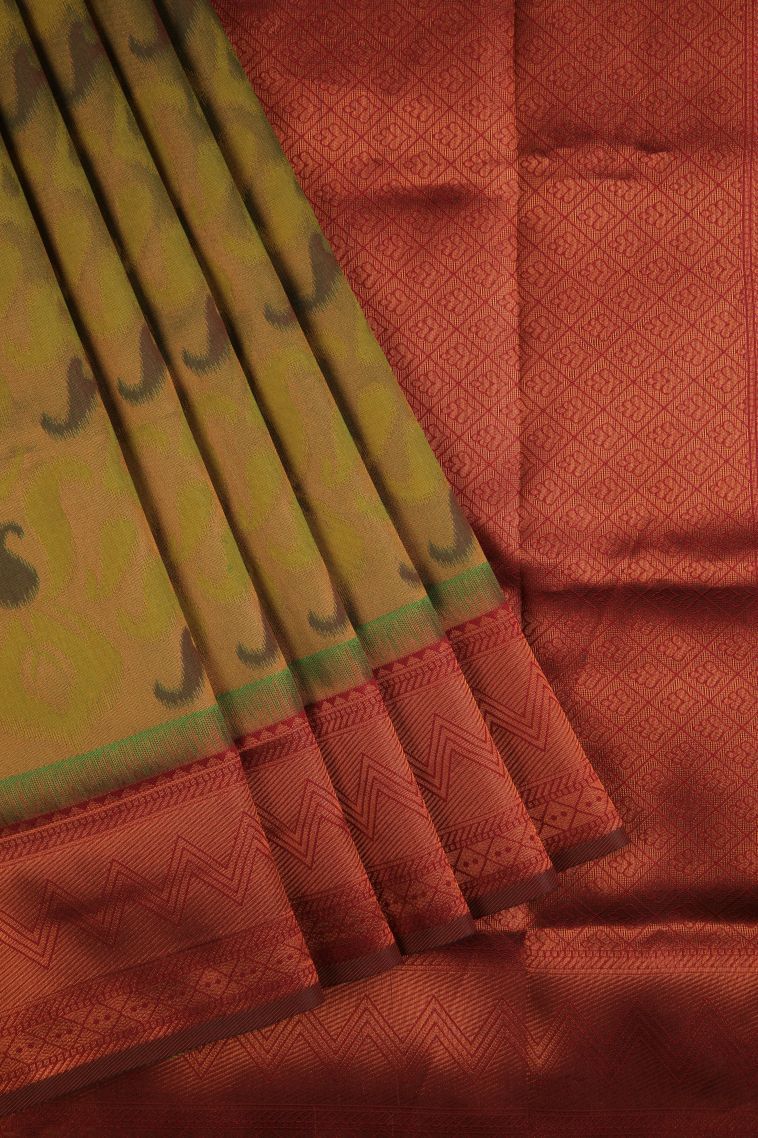 Olive Green Apoorva Silk Sarees with Copper Zari Geometric Shapes view 1