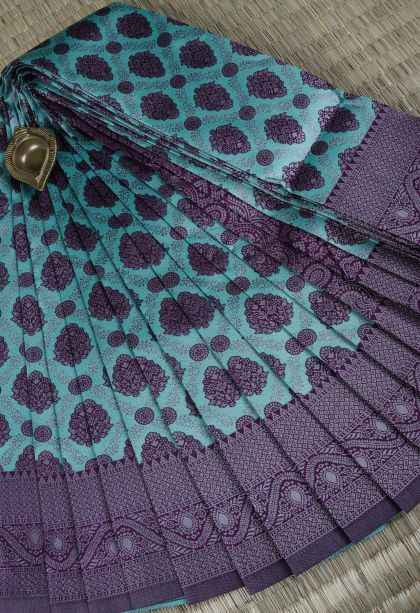 Arctic Blue Visiri Madippu Silk Sarees with Silver Zari Floral Patterns