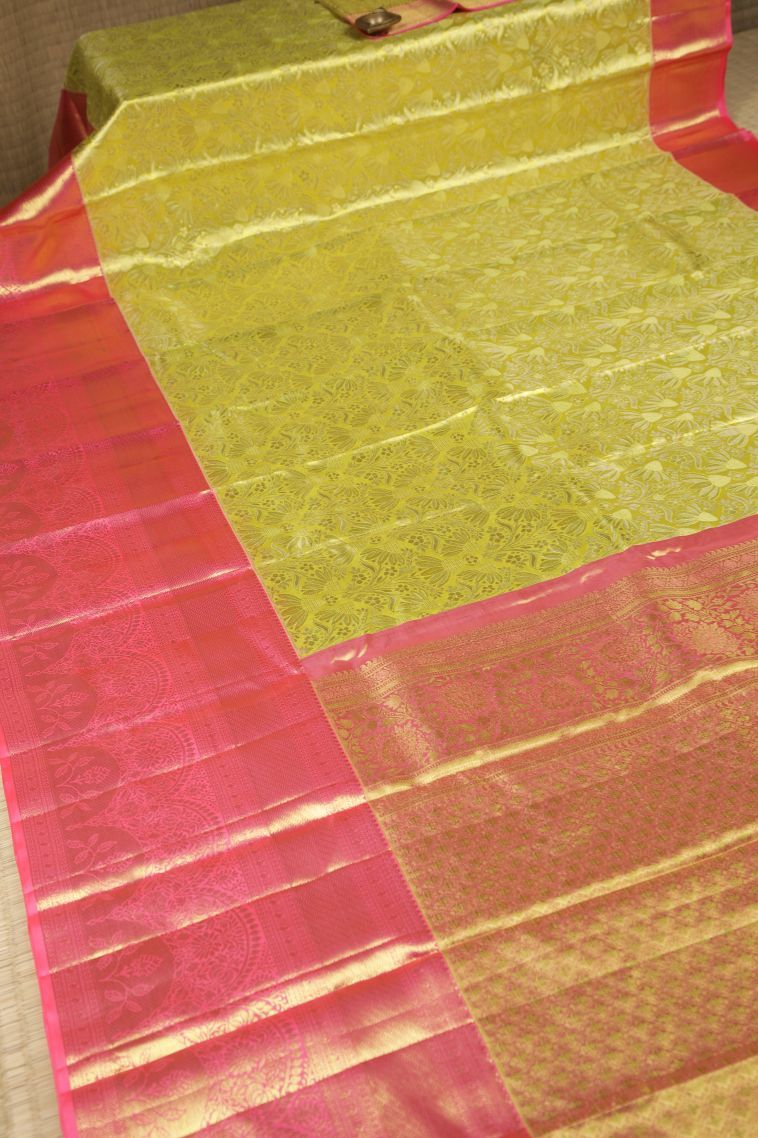 Lemon Yellow Kanchipuram Silk Sarees with Gold Zari Floral Patterns view 2