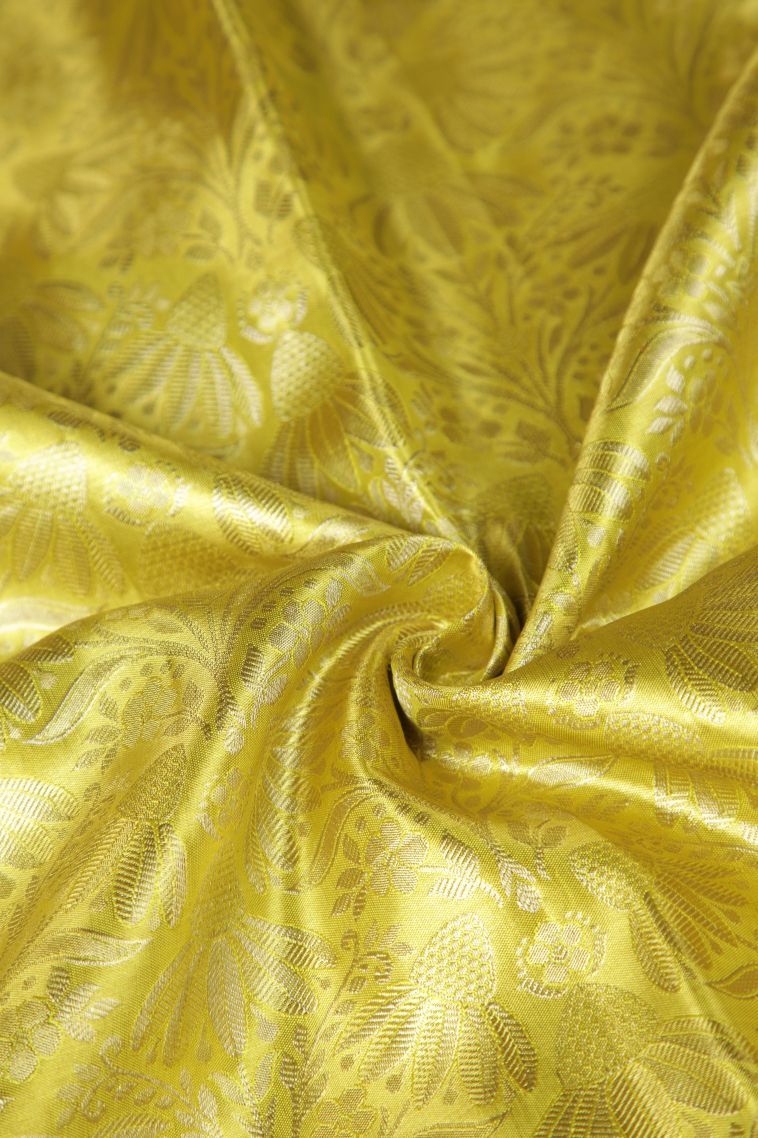 Lemon Yellow Kanchipuram Silk Sarees with Gold Zari Floral Patterns view 4
