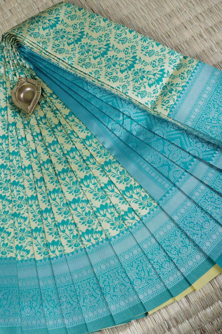 Lemon Yellow Visiri Madippu Silk Sarees with Silver Zari Floral Patterns view 1