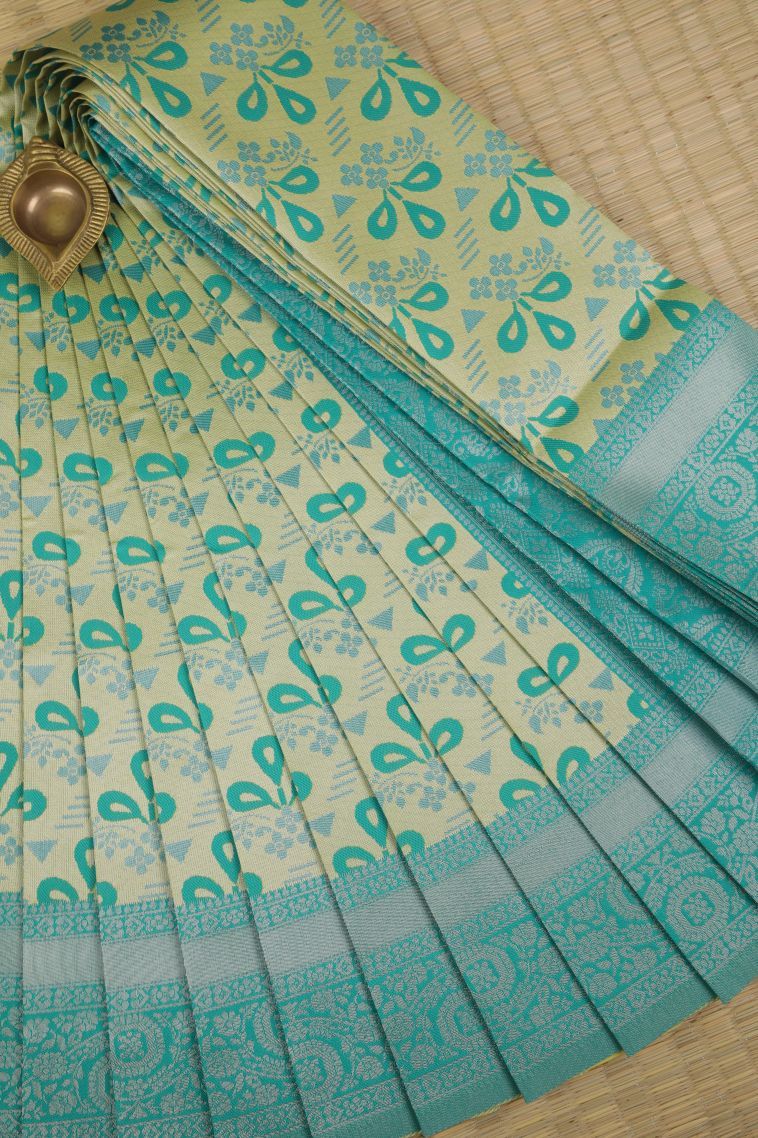 Lime Green Visiri Madippu Silk Sarees with Silver Zari Floral Patterns view 1