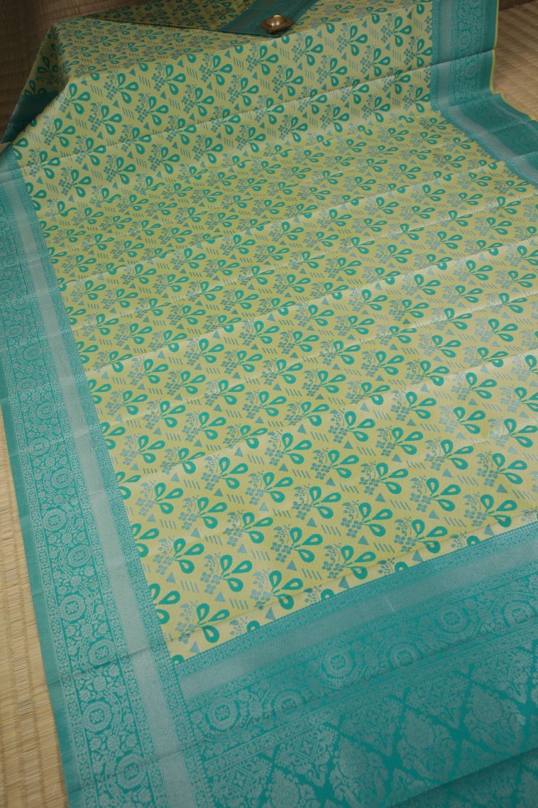 Lime Green Visiri Madippu Silk Sarees with Silver Zari Floral Patterns view 2