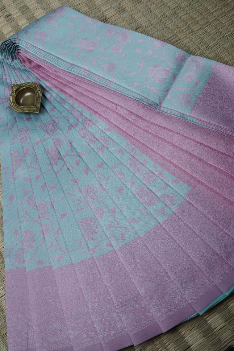 Sky Blue Visiri Madippu Silk Sarees with Silver Zari Floral Patterns view 1