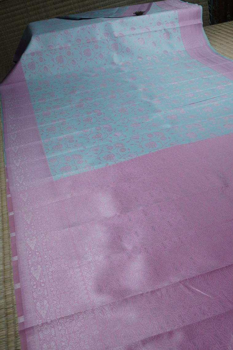 Sky Blue Visiri Madippu Silk Sarees with Silver Zari Floral Patterns view 2