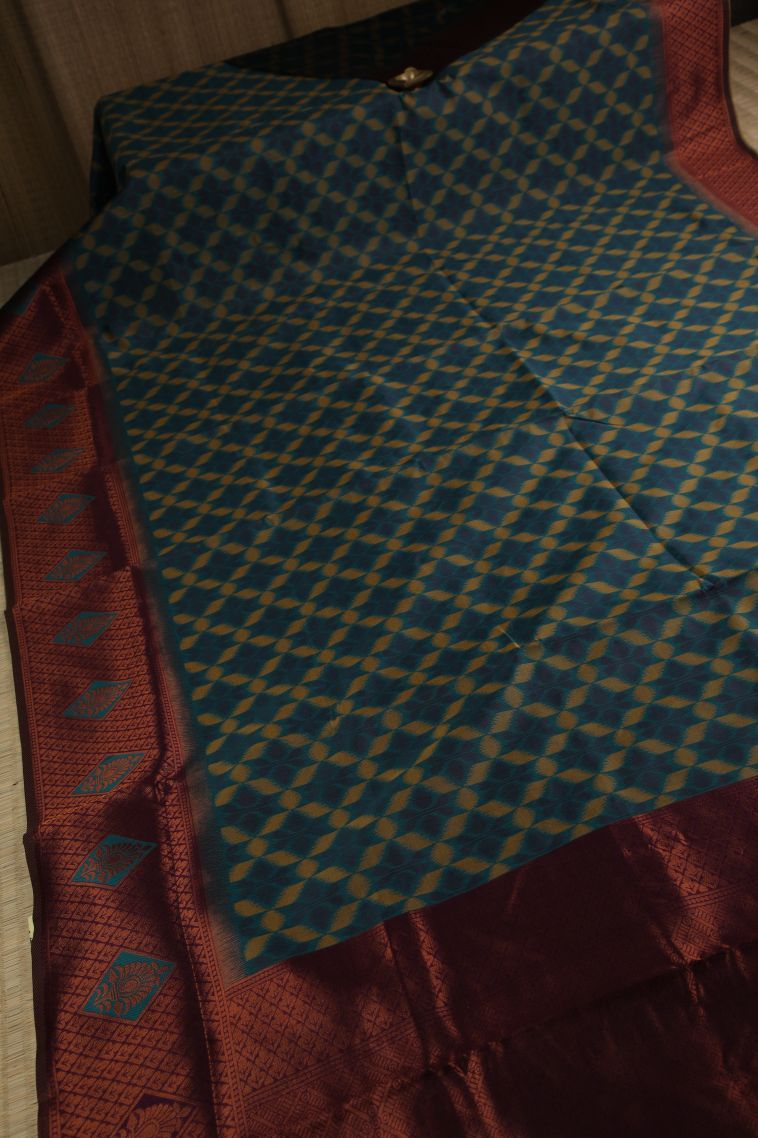Aegean Blue Apoorva Silk Sarees with Copper Zari Geometric Shapes view 2