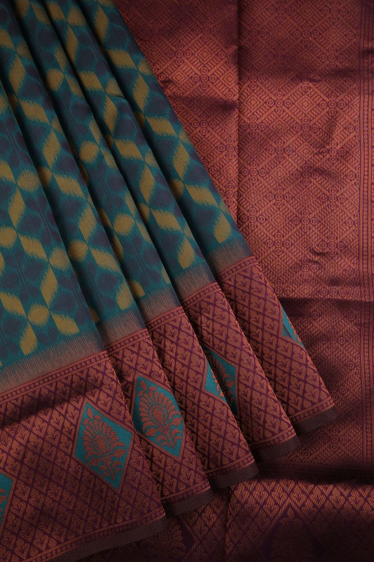 Aegean Blue Apoorva Silk Sarees with Copper Zari Geometric Shapes view 1