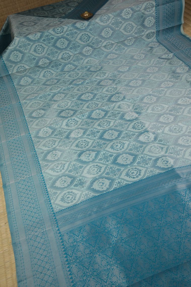 Sky Blue Visiri Madippu Silk Sarees with Silver Zari Floral Patterns view 2