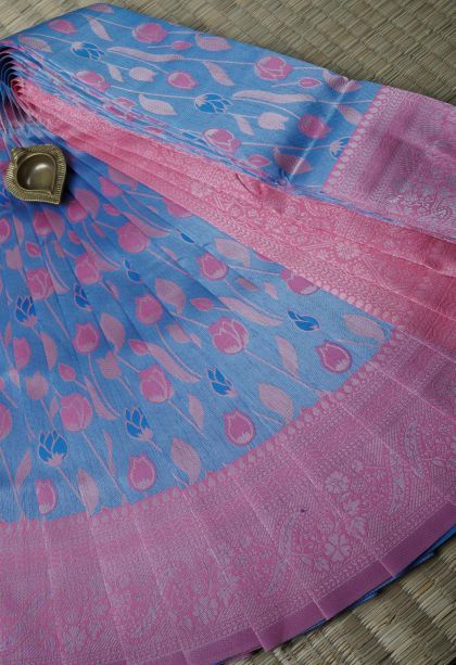 Cobalt Blue Visiri Madippu Silk Sarees with Silver Zari Floral Patterns