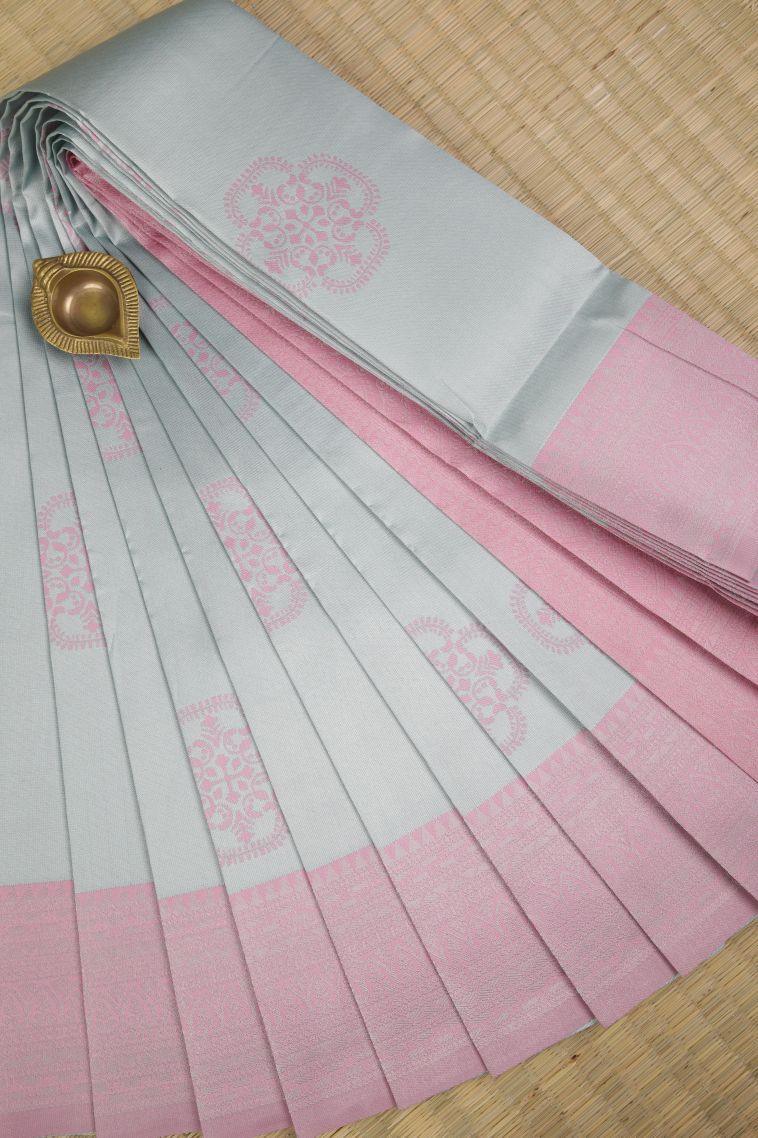 Sky Blue Visiri Madippu Silk Sarees with Silver Zari Floral Patterns view 1