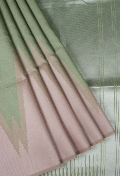 Olive Green Tussar Saree with Silver Zari Floral Patterns