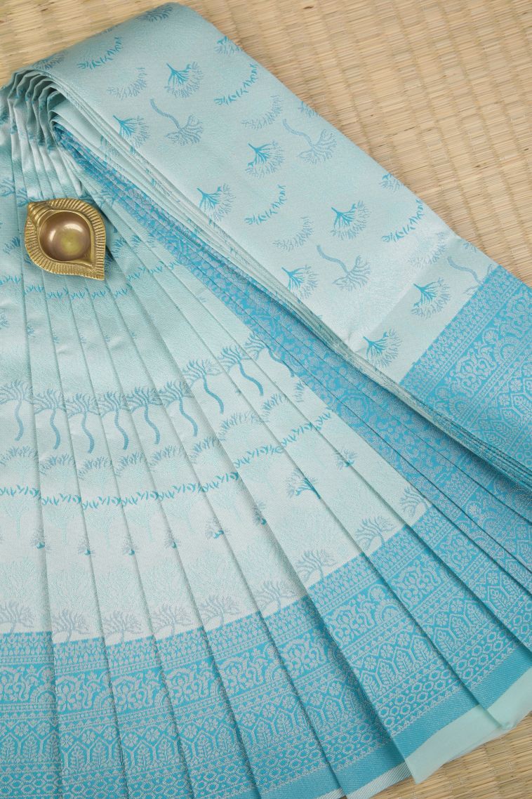 Sky Blue Visiri Madippu Silk Sarees with Silver Zari Floral Patterns view 1