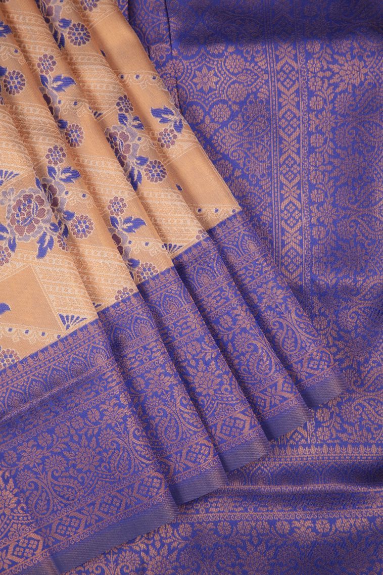 Peach Pink Apoorva Silk Sarees with Copper Zari Floral Patterns view 1