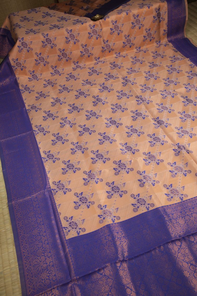 Peach Pink Apoorva Silk Sarees with Copper Zari Floral Patterns view 2