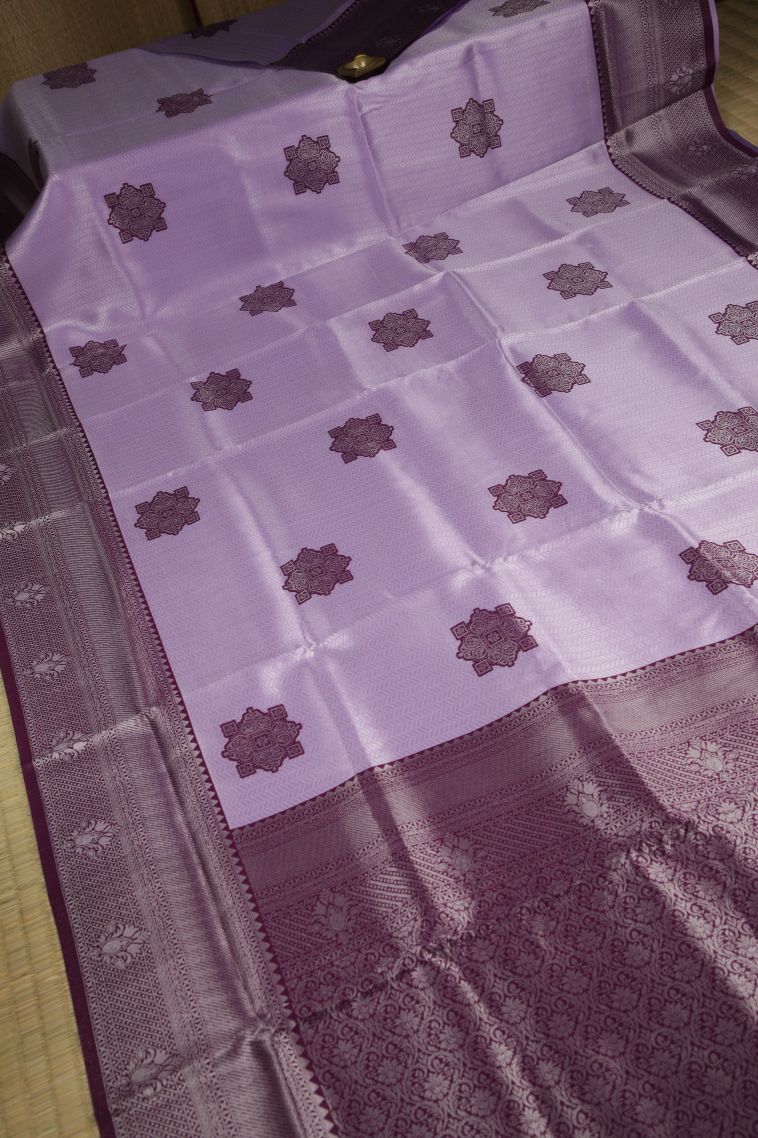 Lavender Purple Apoorva Silk Sarees with Silver Zari Floral Patterns view 2