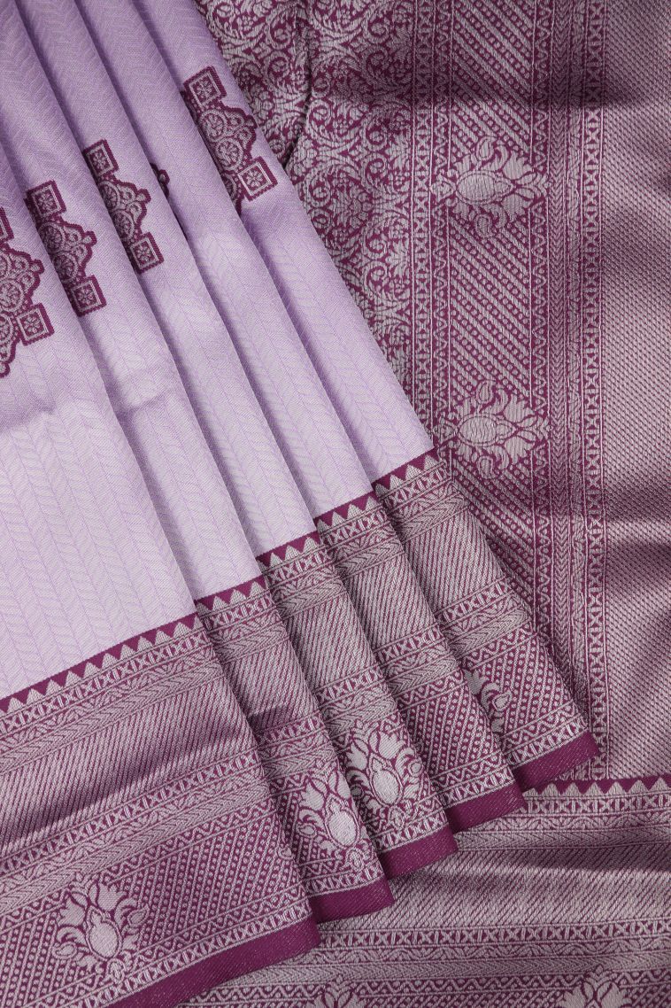 Lavender Purple Apoorva Silk Sarees with Silver Zari Floral Patterns view 1