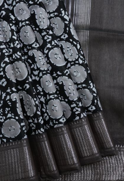 Asphalt Black Chanderi Cotton Sarees with Without Zari Zari Paisley (mango Design)