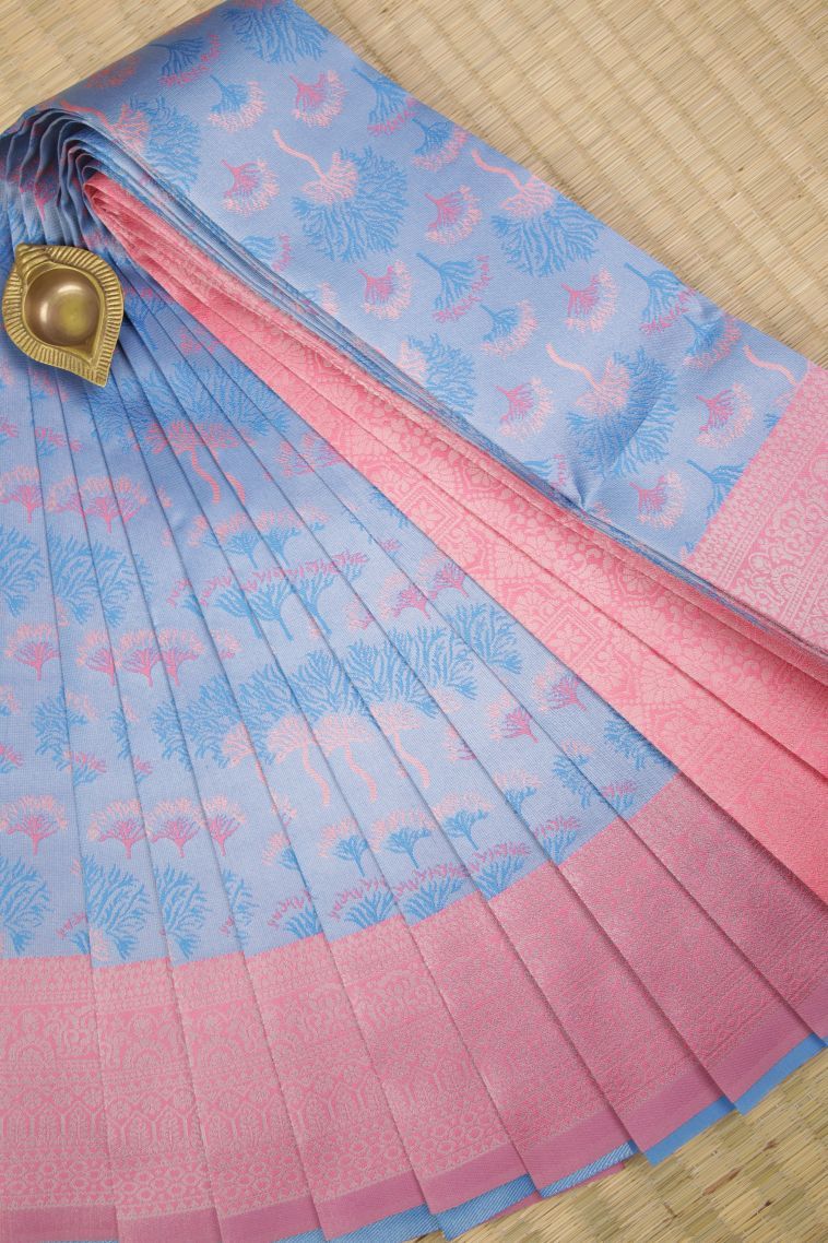 Daffane Blue Visiri Madippu Silk Sarees with Silver Zari Floral Patterns view 1