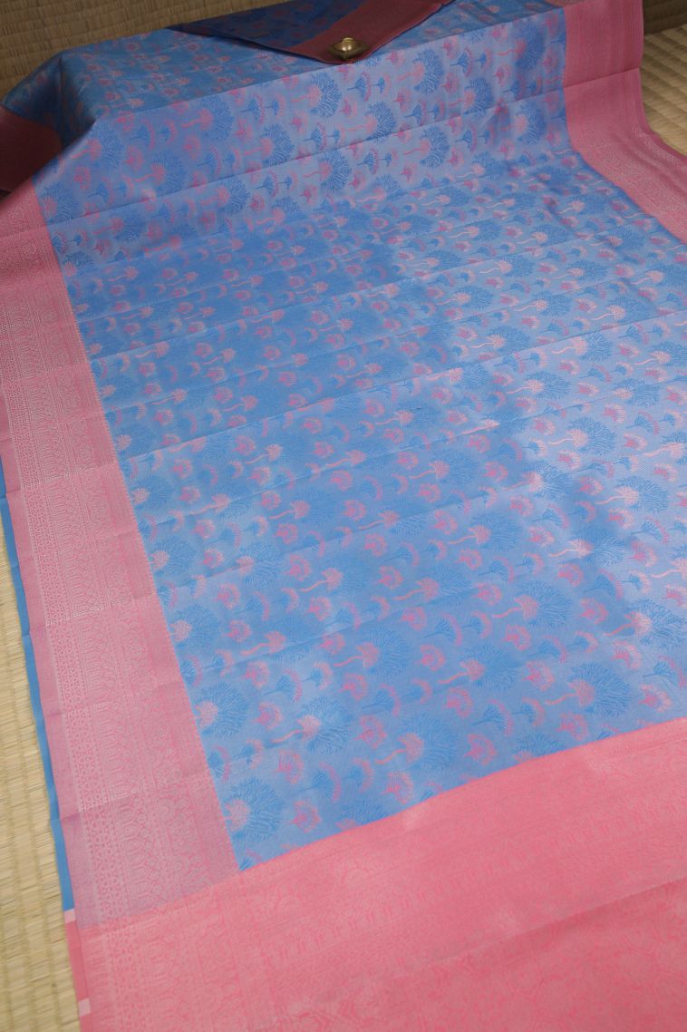 Daffane Blue Visiri Madippu Silk Sarees with Silver Zari Floral Patterns view 2