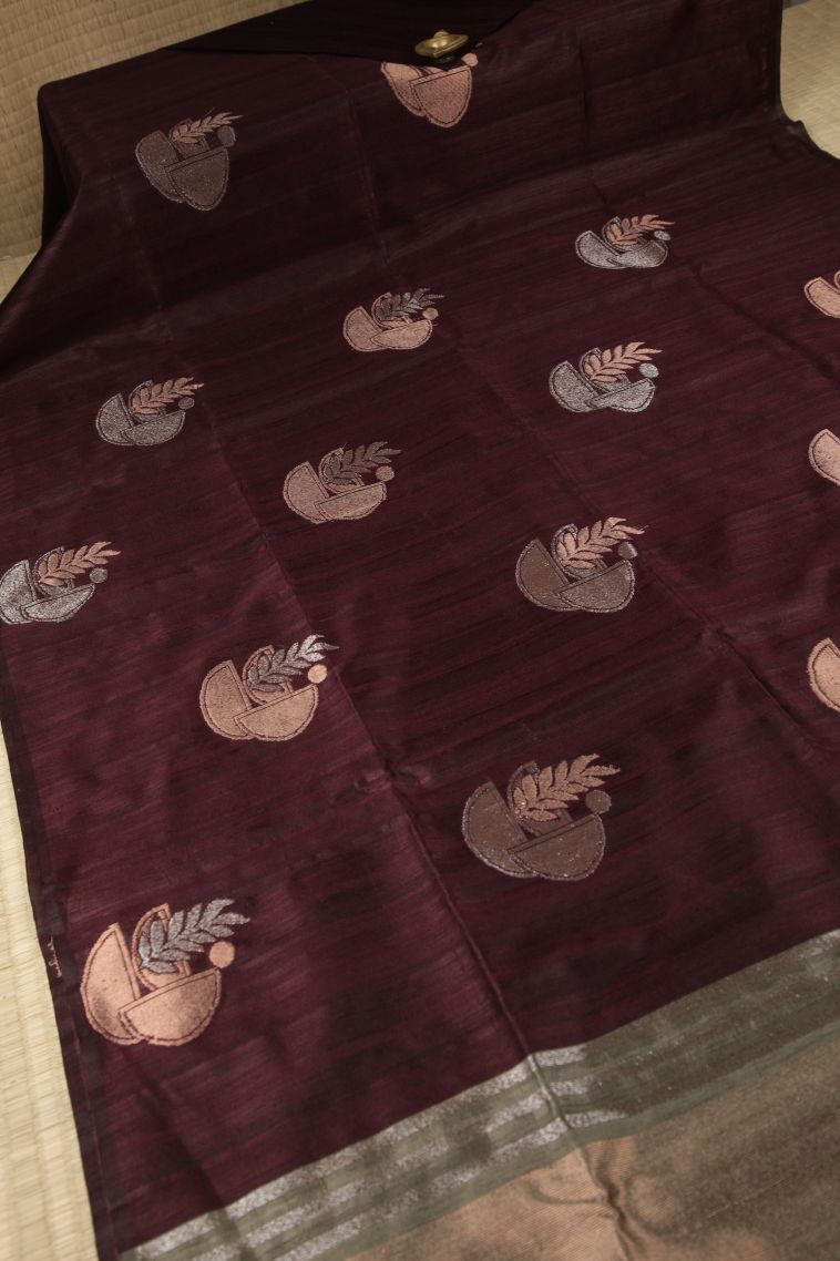 Bosenberry Purple Tussar Saree with Gold Zari Buttis (small Dots Or Motifs) view 2