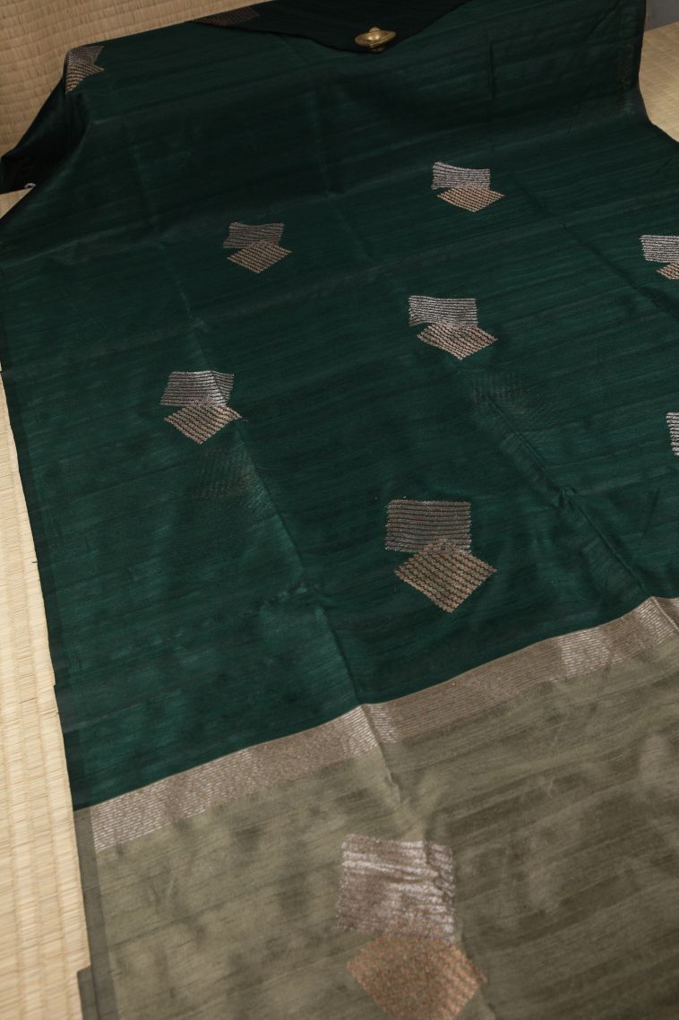 Bottle Green Tussar Saree with Gold Zari Buttis (small Dots Or Motifs) view 2