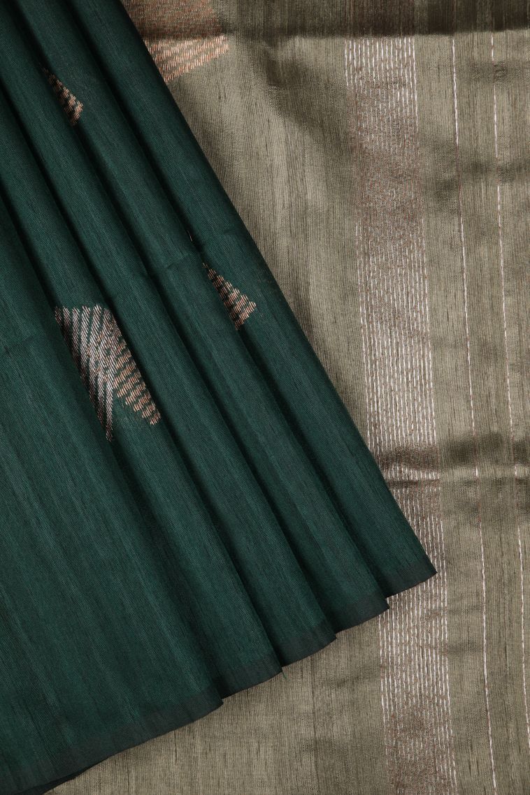 Bottle Green Tussar Saree with Gold Zari Buttis (small Dots Or Motifs) view 1