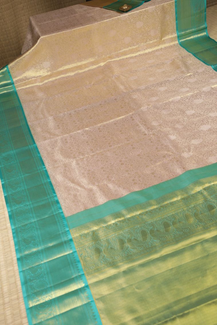 Peach Pink Kanchipuram Silk Sarees with Gold Zari Floral Patterns view 2