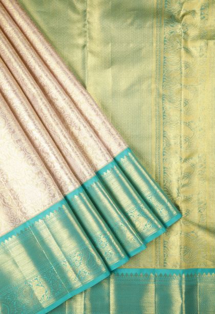 Peach Pink Kanchipuram Silk Sarees with Gold Zari Floral Patterns