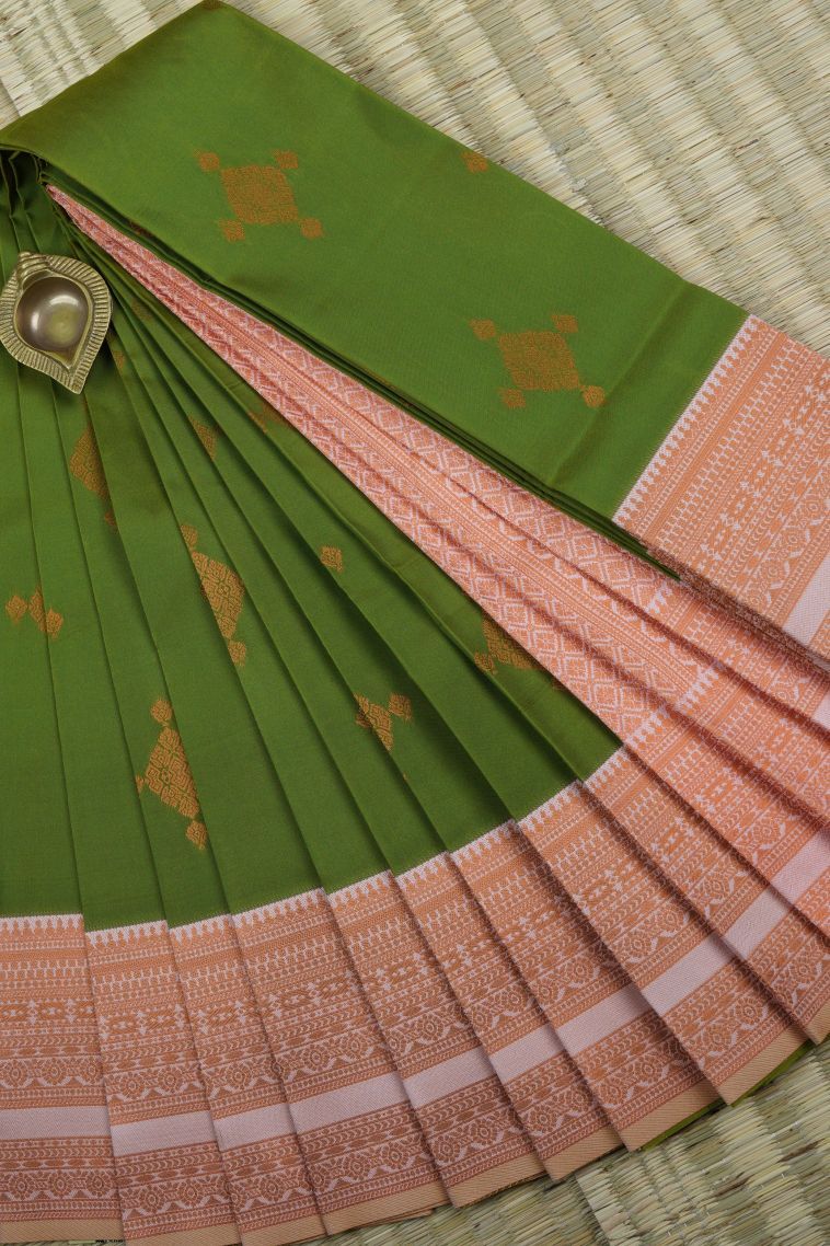 Basil Green Visiri Madippu Silk Sarees with Gold And Silver Zari Buttis (small Dots Or Motifs) view 1