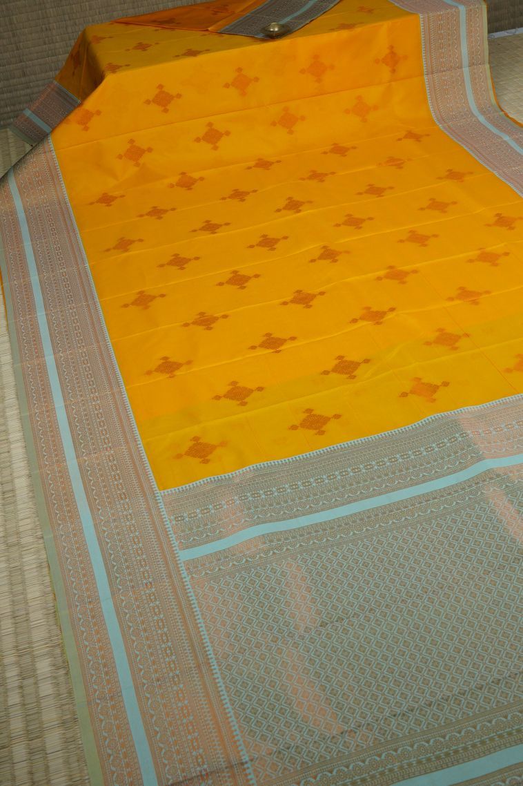 Fawn Yellow Visiri Madippu Silk Sarees with Gold Zari Buttis (small Dots Or Motifs) view 2