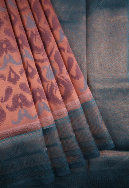 Peach Pink Apoorva Silk Sarees with Copper Zari Geometric Shapes