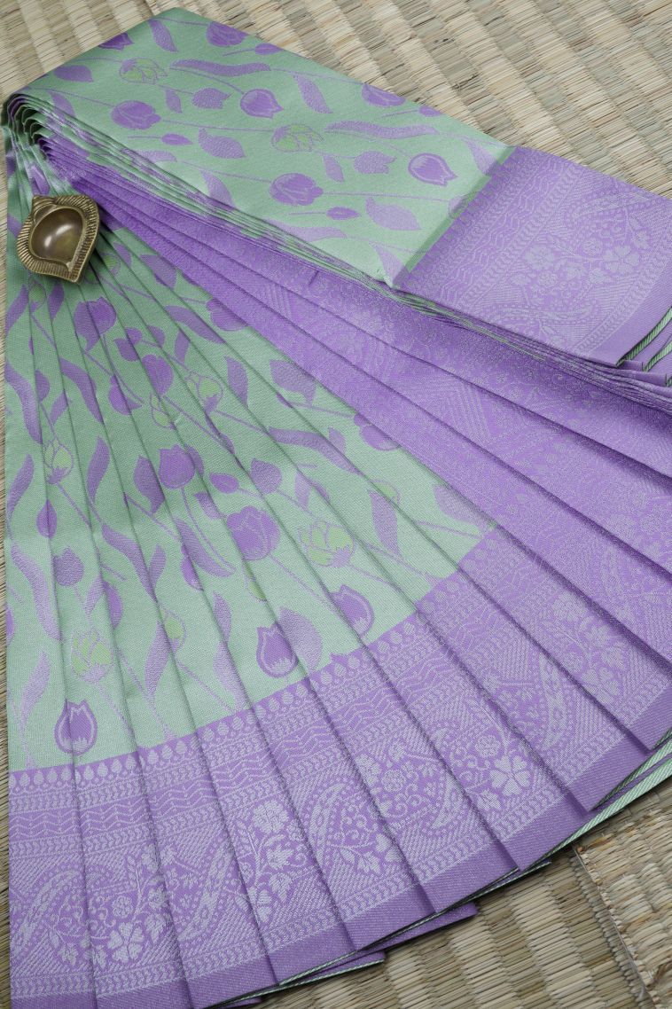 Pistachio Green Visiri Madippu Silk Sarees with Silver Zari Floral Patterns view 1