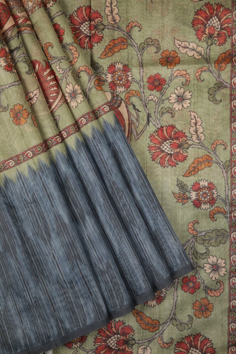 Olive Green Tussar Saree with Without Zari Zari Floral Patterns view 1