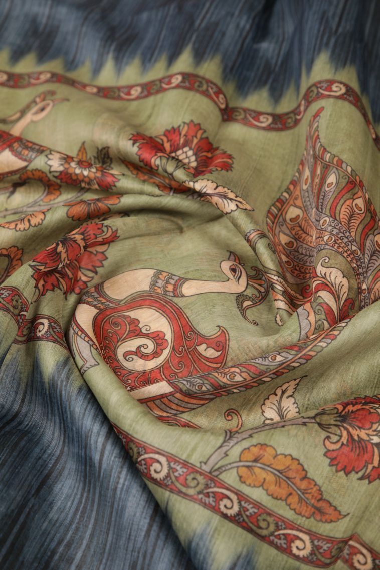 Olive Green Tussar Saree with Without Zari Zari Floral Patterns view 4