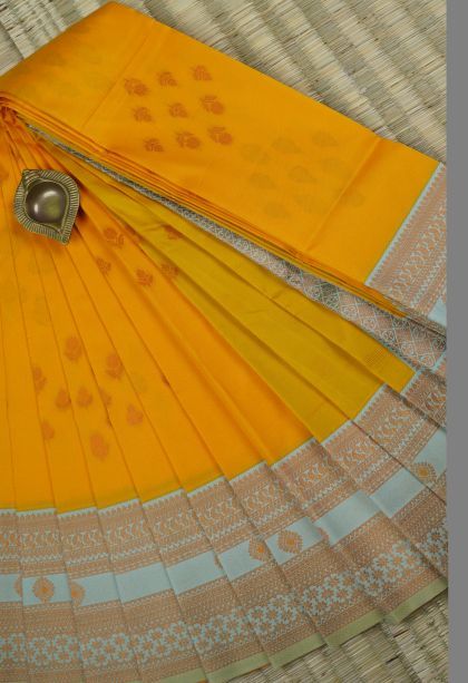 Macaroon Yellow Visiri Madippu Silk Sarees with Gold Zari Buttis (small Dots Or Motifs)