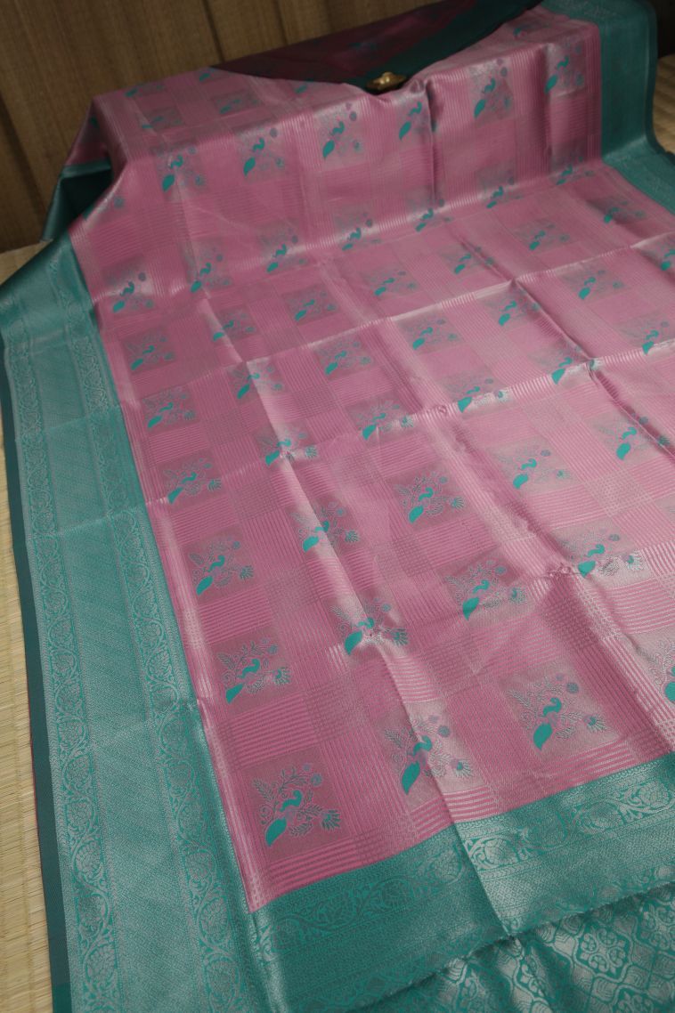 Blush Pink Apoorva Silk Sarees with Copper Zari Checks view 2