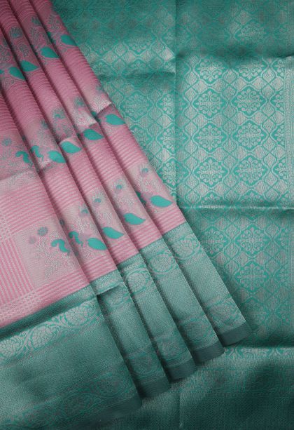 Blush Pink Apoorva Silk Sarees with Copper Zari Checks